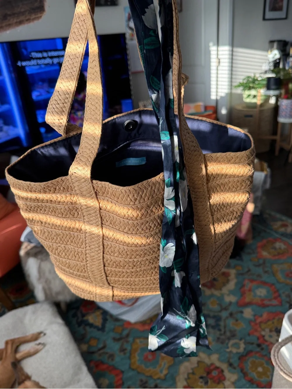 Draper James Tan Woven Tote with Navy Lining and Floral Scarf